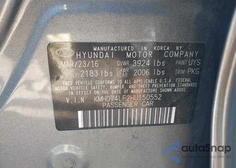 2017 Hyundai Elantra Se z USA, uszkodzony, nr VIN KMHD74LF2HU150552